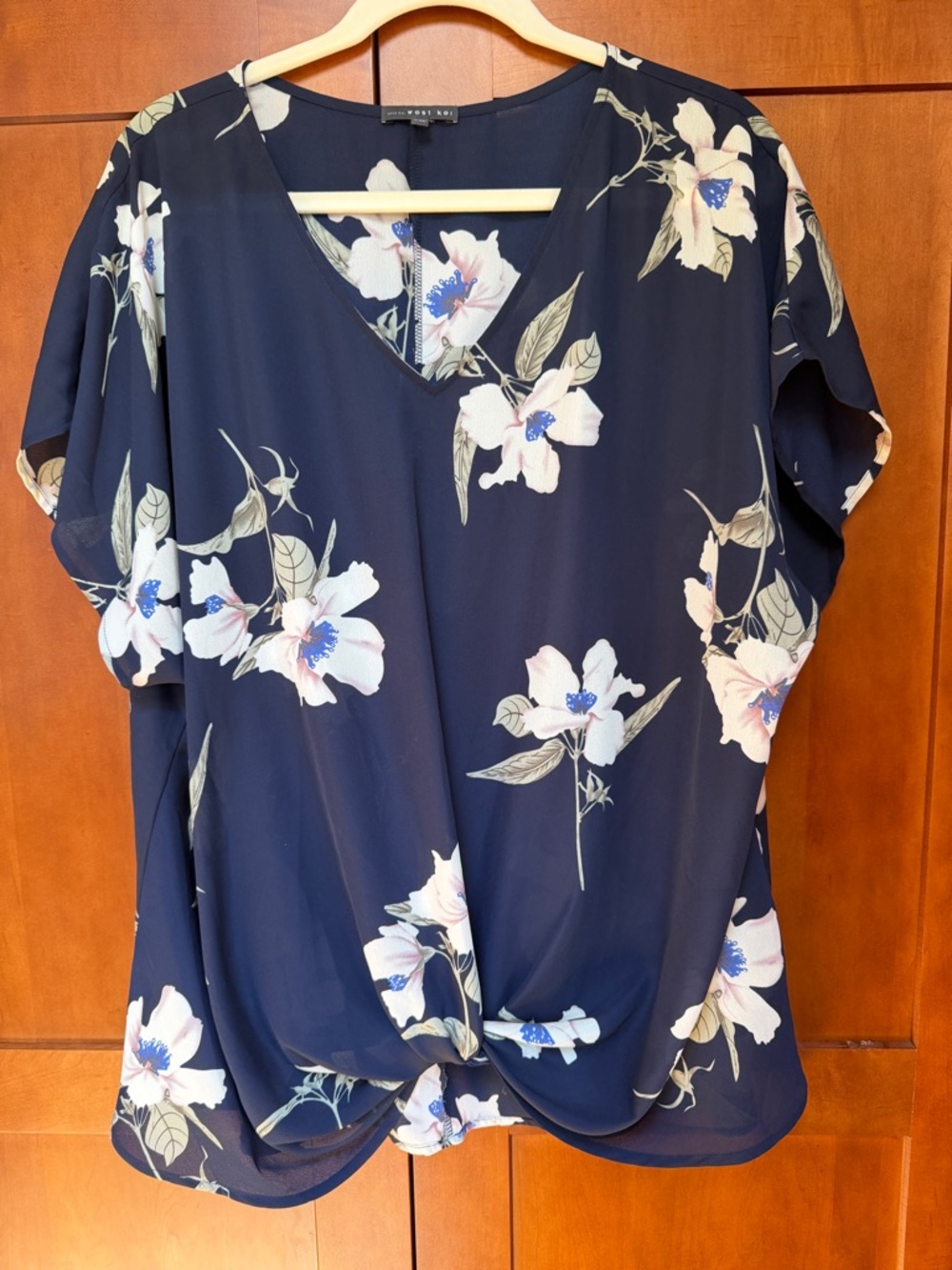 West Kei Navy Floral Twist-Front Blouse